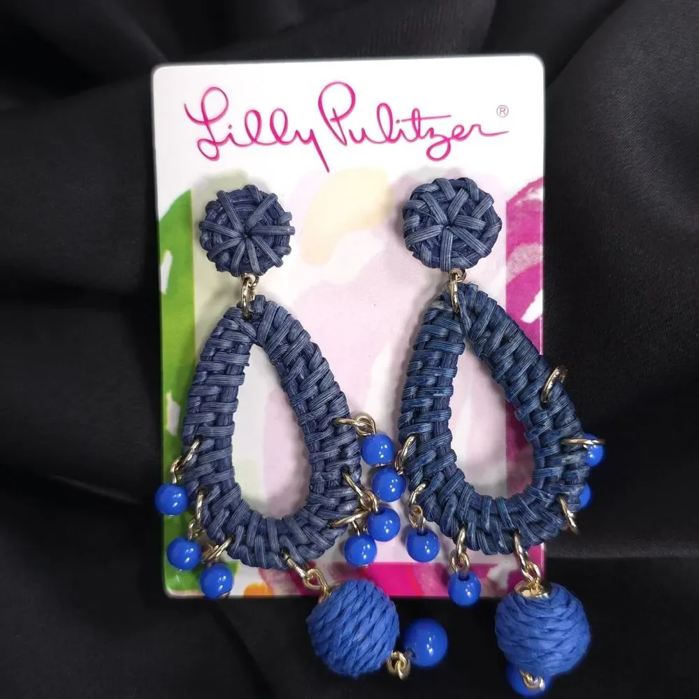 LILLY PULITZER Women's New Alba Blue Raffia Teardrop Beaded Drop Earrings 013493